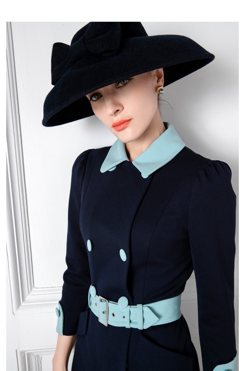 Navy blue contrast belted mother other bride dress