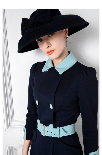 Navy blue contrast belted mother other bride dress