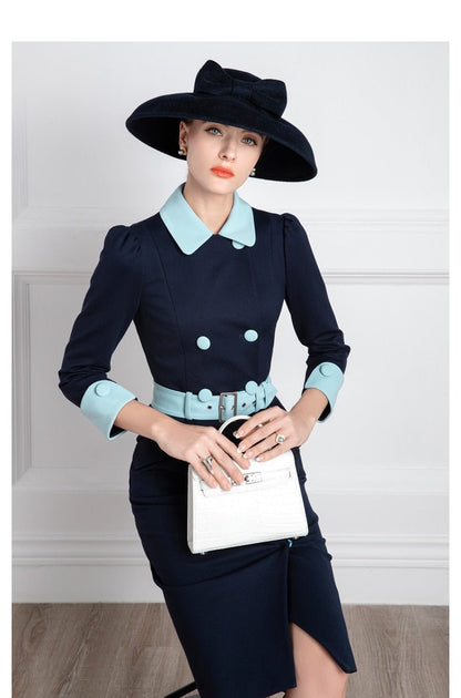 Navy blue contrast belted mother other bride dress