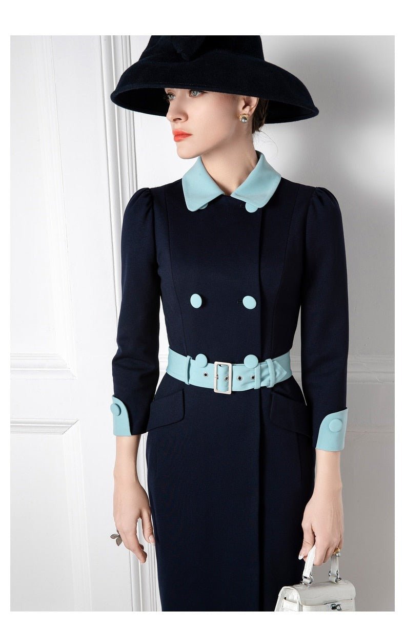 Navy blue contrast belted mother other bride dress