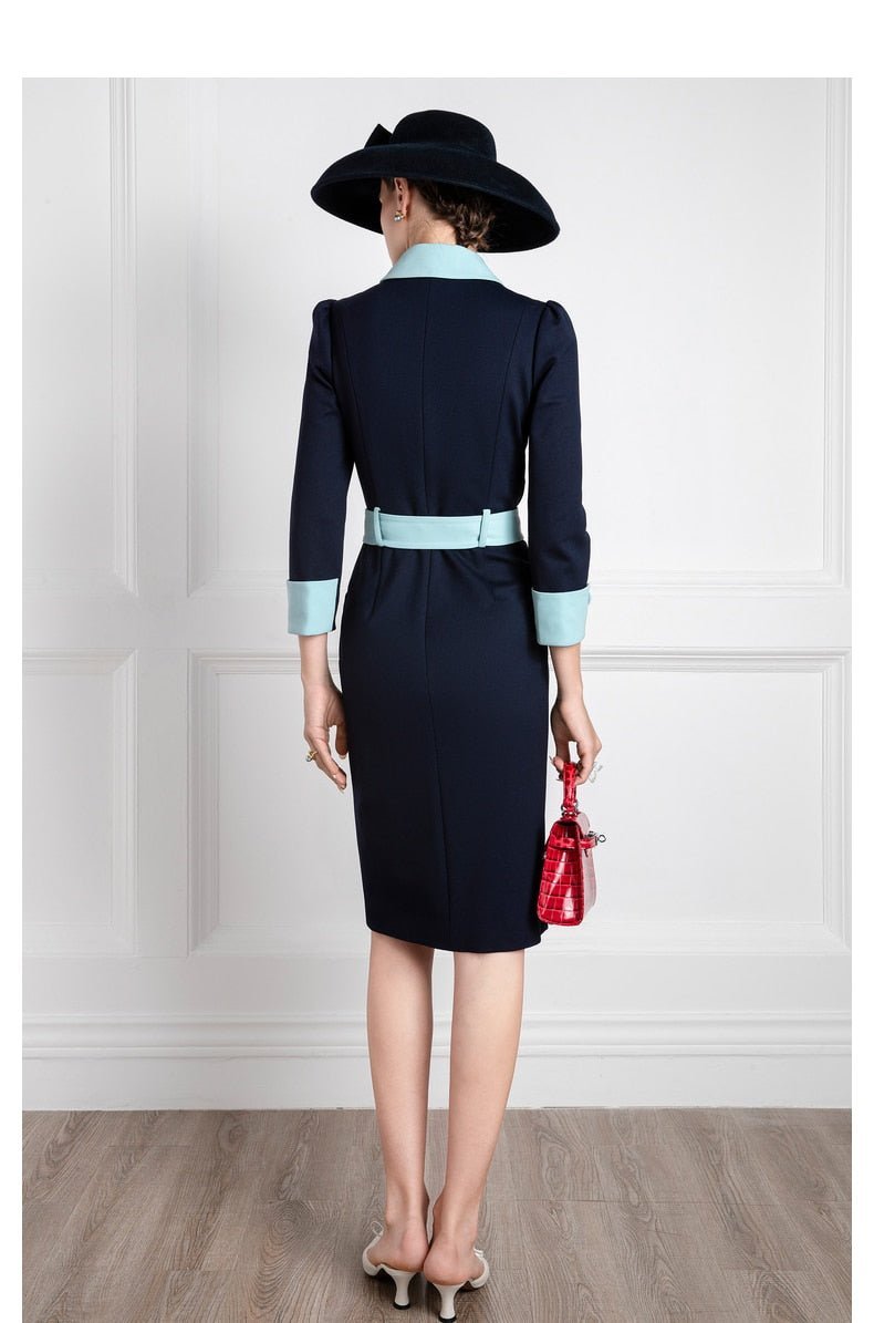 Navy blue contrast belted mother other bride dress