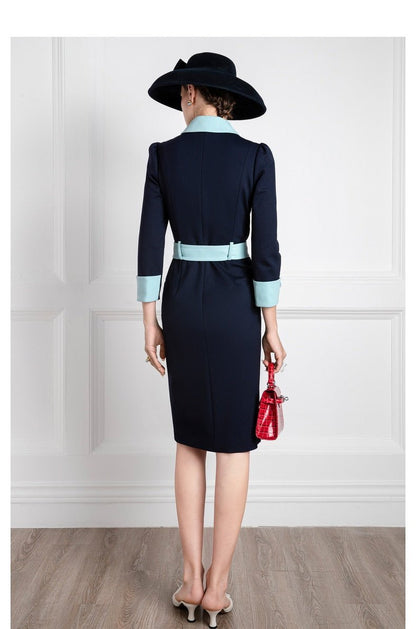 Navy blue contrast belted mother other bride dress
